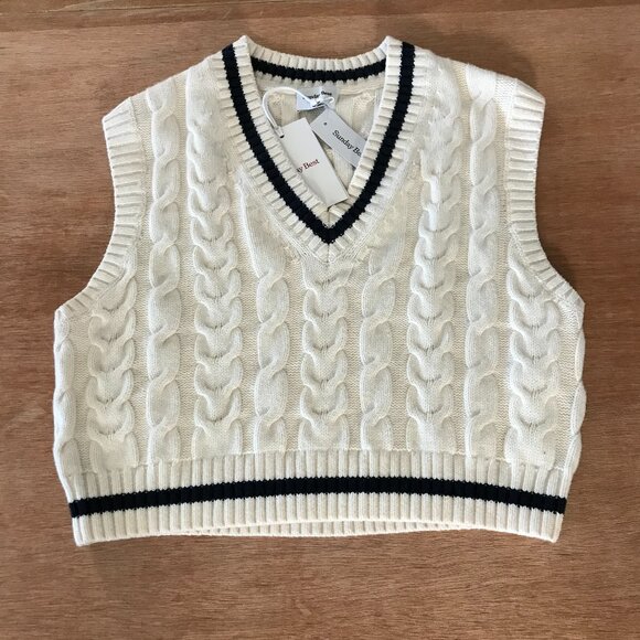 Sunday Best Sweaters - Sunday Best Winston Sweater Vest Women XS White Cable Knit Wool Nylon V Neck